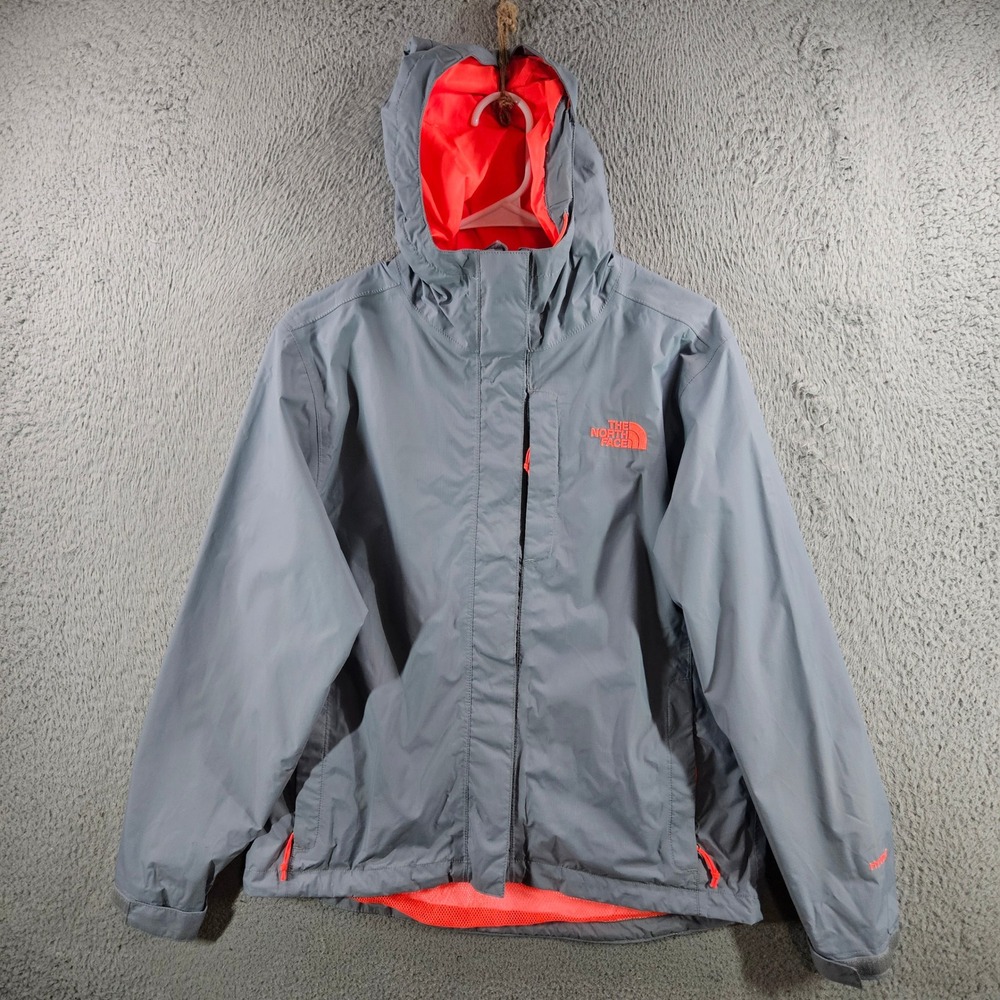 The North Face HyVent Rain Jacket Womens Small Grey Orange Hooded Waterproof